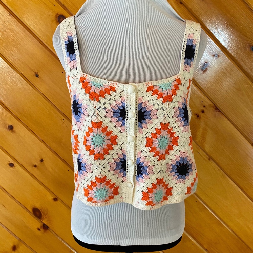 Saltwater Luxe Granny Square Crochet Tank Top Crop Button Front Multicolor M